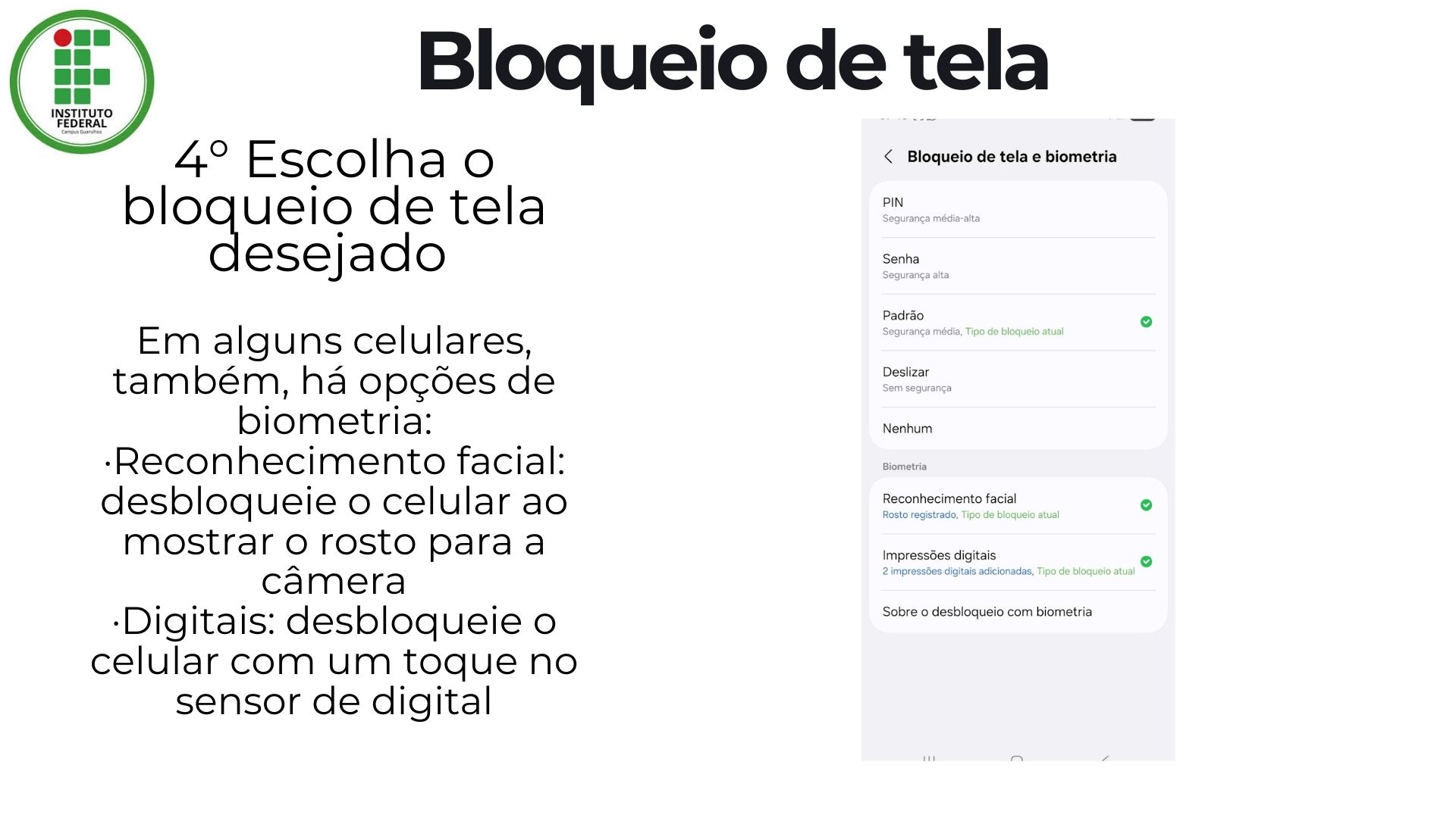 Slide 23: Bloqueio de tela instruções